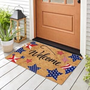 Welcome doormat featuring American flag stars.